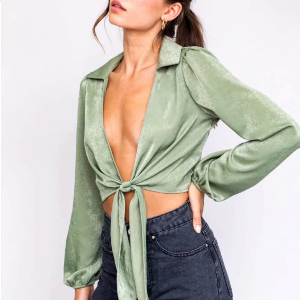 South Moon Under- satin tie front collared top